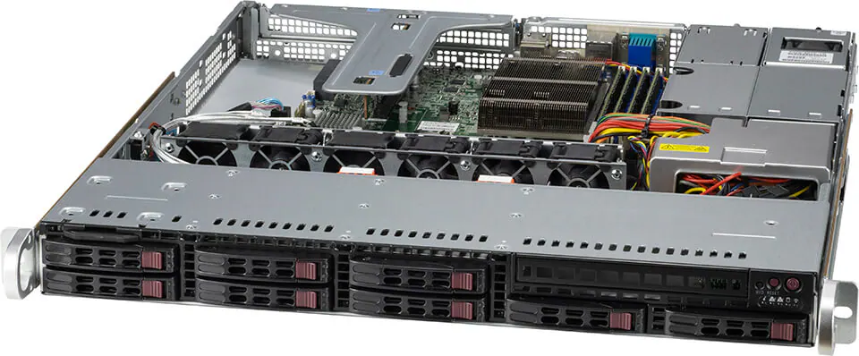 A rack-mounted 1U rackmount server with the top cover partially removed, revealing internal components such as fans, power supply, cables, memory modules, and multiple front-facing hard drive bays.