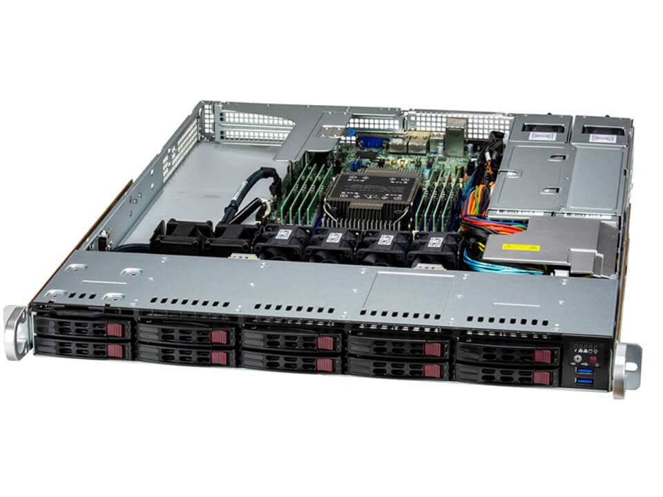 A 1U rackmount server with its top cover removed, showing internal components including cooling fans, RAM sticks, power supply, motherboard, and several front-accessible hard drive bays for efficient server network operation.