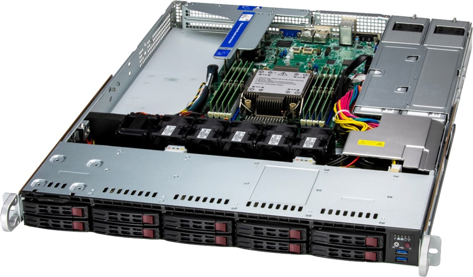 A 1U rackmount server with its cover removed, showcasing storage hardware such as multiple hard drive bays, cooling fans, power supply units, RAM modules, motherboard, and various internal components.