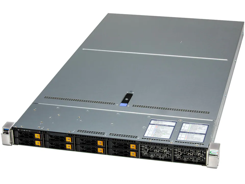 A silver rackmount server with multiple front-facing drive bays, status LEDs, and informational labels—ideal for data centre or enterprise server building.