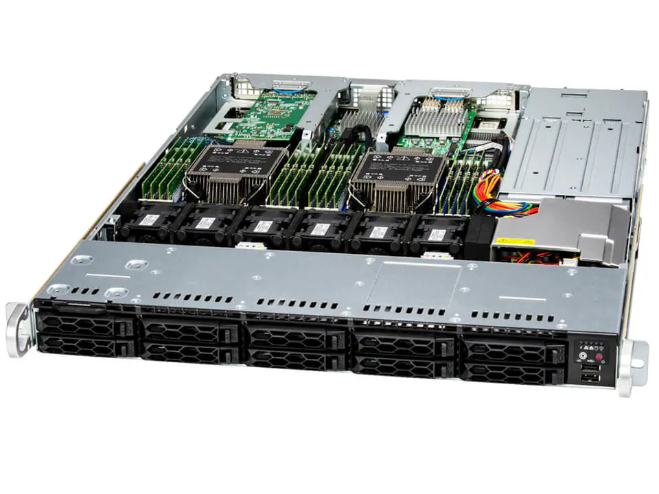 A rack-mounted server with its cover removed, revealing internal components including multiple cooling fans, circuit boards, RAM modules, power supply, and storage hardware for efficient server building and backup storage on the front panel.