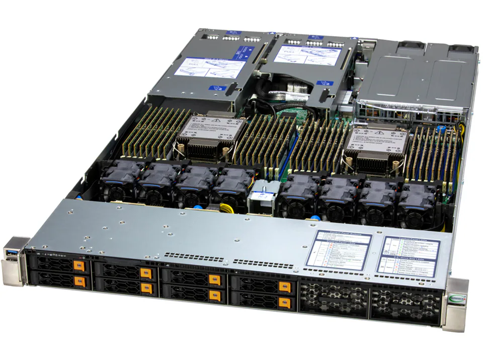 A rackmount server with multiple cooling fans, processors, memory modules, and backup storage drive bays is viewed from above with its top cover removed, revealing its internal components.