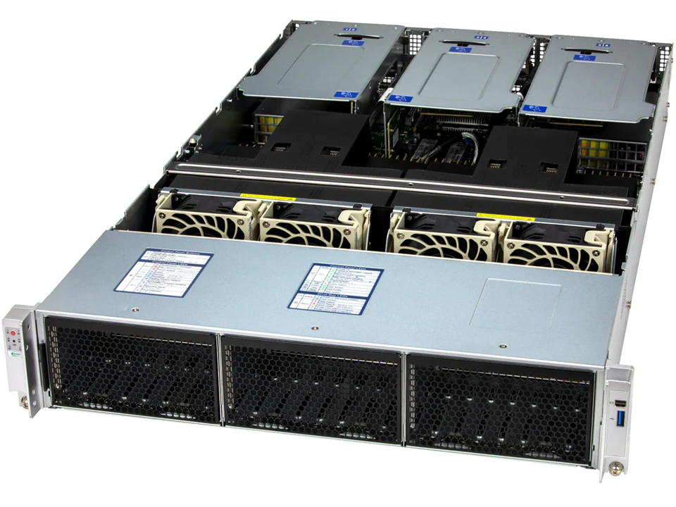 A rack-mounted server with its top cover removed, revealing storage hardware such as multiple cooling fans, drive bays, power supplies, and various hardware modules arranged in a metal chassis.