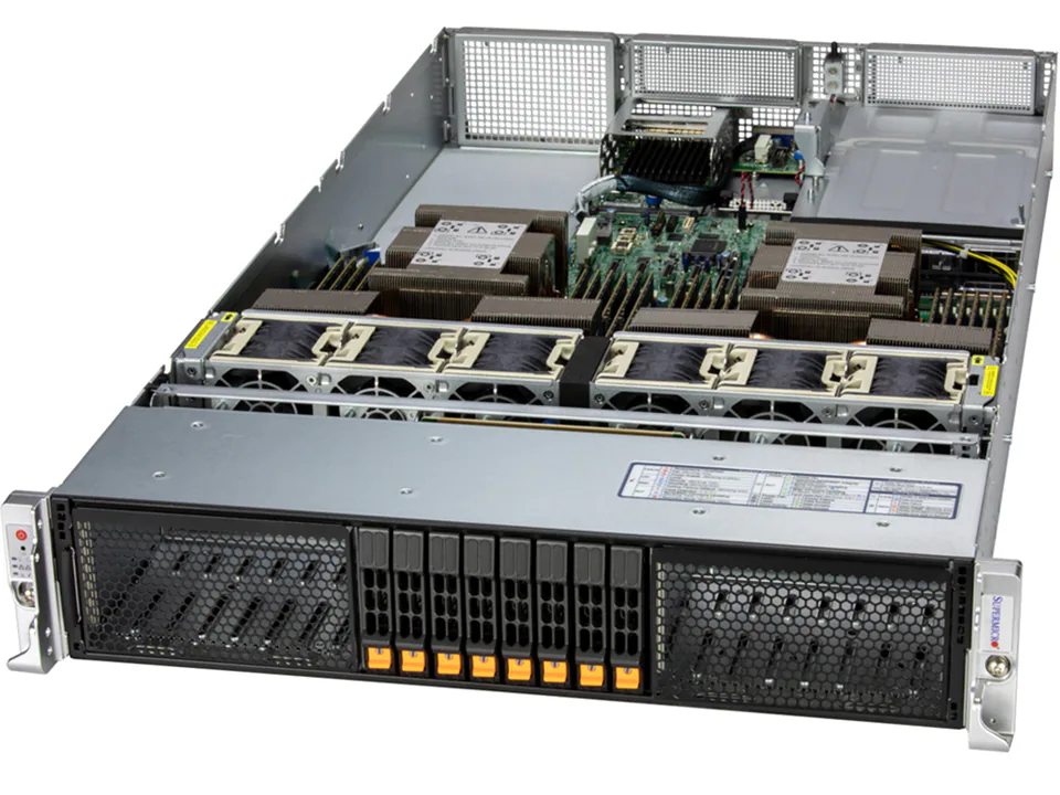 A rackmount server with multiple cooling fans, heat sinks, and drive bays visible, showcasing internal storage hardware such as circuit boards and connectors inside a metal chassis.