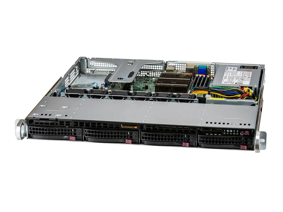A rackmount server with its top cover partially removed, revealing internal components like cooling fans, power cables, and circuit boards—perfect for server building or integration into a larger server network. Multiple hard drive bays are visible at the front.