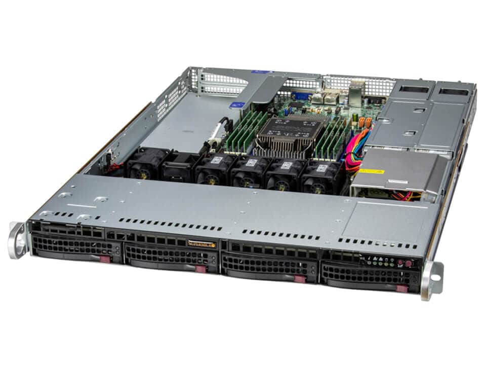 A 1U rackmount server with its top cover removed, showing internal components such as the CPU heatsink, cooling fans, RAM sticks, power connectors, and front-facing drive bays—ideal for server building or backup storage needs.