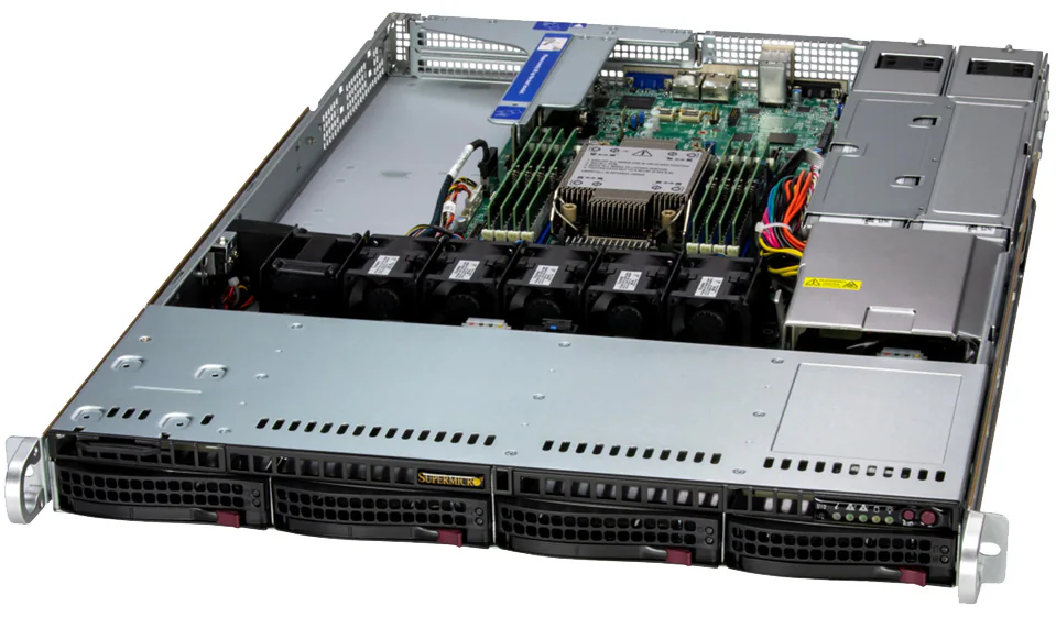 A 1U rackmount server with its top cover removed, revealing internal components including cooling fans, memory modules, a CPU with heatsink, power supply units, and several drive bays—ideal for any server network setup.
