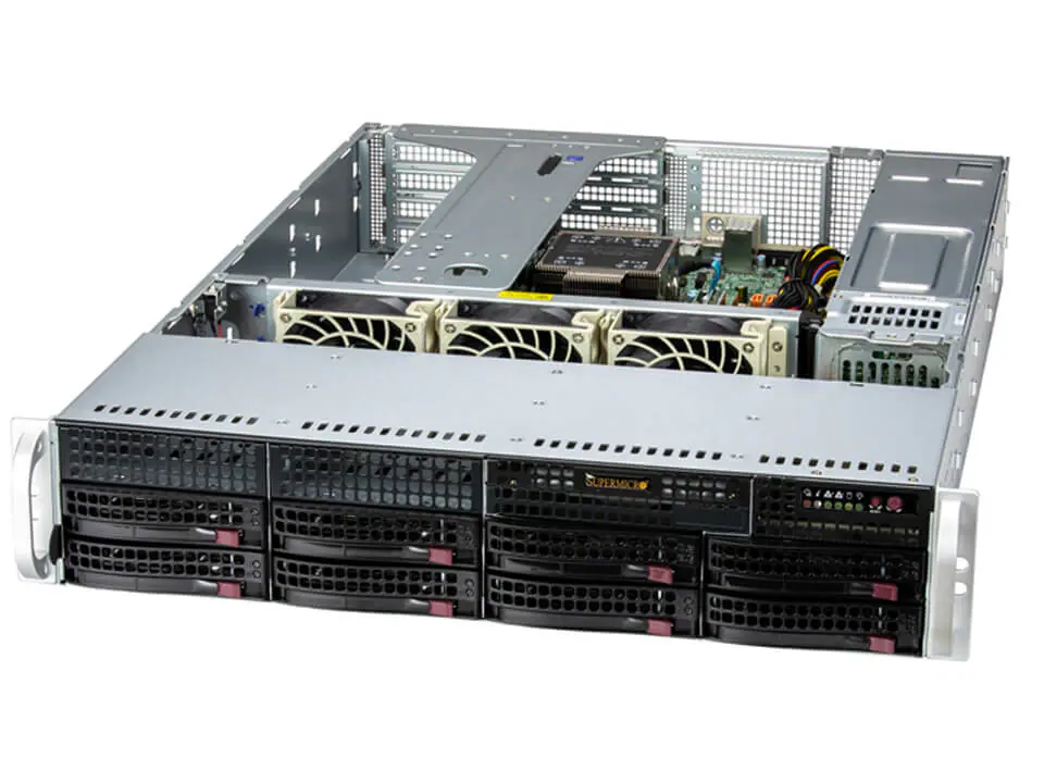 A rackmount server ideal for server building, featuring multiple front-facing drive bays, cooling fans, and visible internal components—including a motherboard and power supply—shown with its top cover removed.