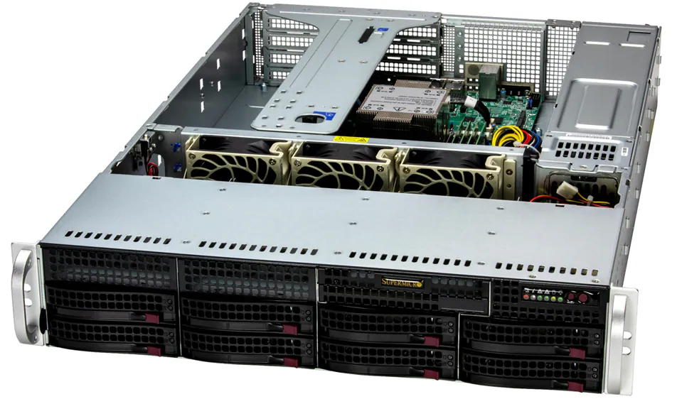 A rackmount server with its top cover removed, revealing internal components ideal for server building, such as cooling fans, hard drive bays for backup storage, a power supply, and a motherboard with attached cables and circuit boards.