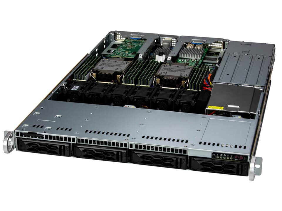 A 1U rackmount server with its top cover removed, showing internal components including two CPU heatsinks, RAM modules, cooling fans, power supply, and front-facing drive bays for backup storage in your server building projects.