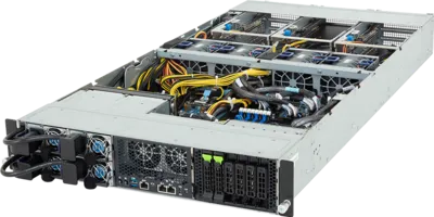 A rack-mounted server with its top cover removed, featuring internal components like cooling fans, power cables, processors, gigabyte Intel Xeon 6700/6500 CPUs, memory slots, and power supply units.