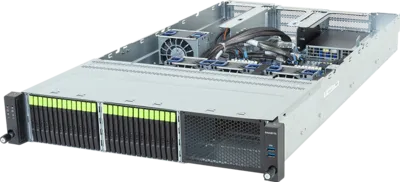 A rack-mounted server with its top cover removed, featuring Gigabyte Intel Xeon 6700/6500 processors, cooling fans, cabling, storage bays with multiple drive slots, and hardware for advanced data processing and storage.