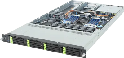 A rack-mounted 1U server with its top cover removed, showing internal components like cooling fans, RAM sticks, a Gigabyte Intel Xeon 6700/6500 processor, and drive bays on the front panel.