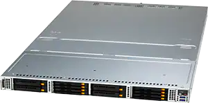 A silver 1U rackmount server with multiple hard drive bays and indicator lights on the front panel, ideal for server building and commonly used in data centres.