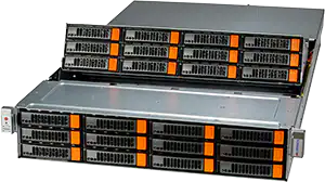 A rackmount server chassis with multiple hard drive bays, some featuring orange tabs, is shown with one unit pulled out above another, both open to display the front of the drives—ideal for efficient server building.