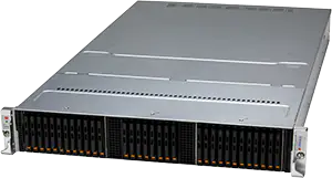 A silver rackmount server with multiple front-facing drive bays and indicator lights, designed for data storage, enterprise use, and backup storage. The server has a 2U height and a sleek, angular design.