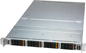 A silver 1U rackmount server, similar to Supermicro storage servers, with multiple front-facing drive bays featuring orange release tabs, designed for data storage and network applications.