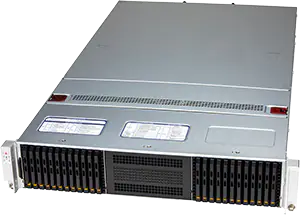 A silver rackmount server with multiple hard drive bays on the front panel, ventilation grilles, and labelled information panels on top. Ideal for server building, it’s designed for data storage and network operations.