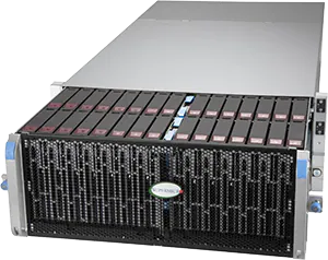A front-facing view of a rackmount server showcases advanced storage hardware with multiple hard drive bays—some featuring blue tabs—and a mesh front panel labelled Supermicro.