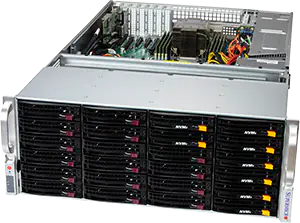 A rackmount server with multiple hard drive bays open at the front reveals backup storage hardware and internal cabling inside the chassis.