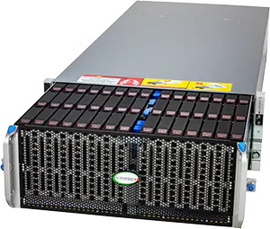 A large, rectangular server unit with multiple drive bays on the front panel, ventilation grilles, and labels on the top; designed for backup storage in data centres.