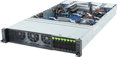 A rack-mounted server with its top cover removed, revealing internal components such as cooling fans, hard drive bays with green tabs, circuit boards, and memory slots—ideal for showcasing Gigabyte AMD 4th Generation EPYC solutions.