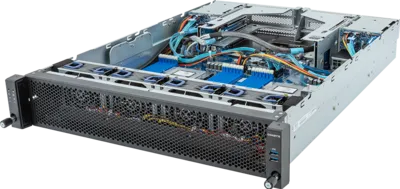 A server rack unit with its top cover removed, revealing internal components such as fans, cables, heat sinks, and circuit boards. The front panel features ventilation grilles and USB ports, highlighting support for Gigabyte AMD 4th Generation EPYC solutions.