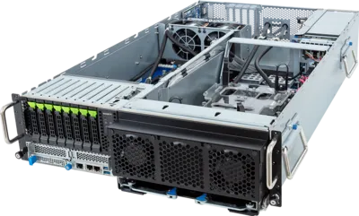 Open server chassis showcasing Gigabyte AMD 4th Generation EPYC solutions with exposed internal components, cooling fans, power supply, drive bays with green tabs, and visible cables and circuit boards.