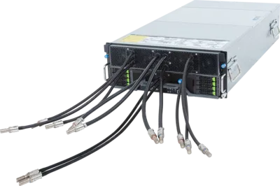 A silver server unit featuring Gigabyte AMD 4th Generation EPYC solutions with multiple black power and data cables plugged into the front ports, sitting on a white background. Green LED indicators are visible on the front panel.