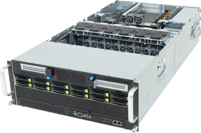 A large, open server rack computer featuring Gigabyte AMD 4th Generation EPYC solutions, showing internal components like multiple cooling fans, hard drive bays with green indicators, circuitry, and metal casing for data centre or enterprise use.