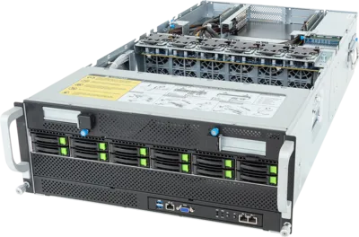 A rack-mounted server featuring Gigabyte AMD 4th Generation EPYC solutions, with multiple front-facing hard drive bays, ventilation grilles, and visible internal components including cooling fans and slots for additional hardware.