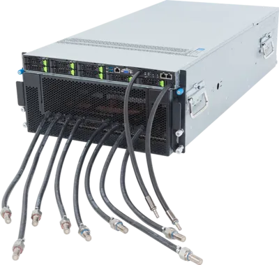 A large server rack with several black cables connected to the front panel, featuring multiple indicator lights, ports, and handles for transport, optimised for Gigabyte AMD 4th Generation EPYC solutions.